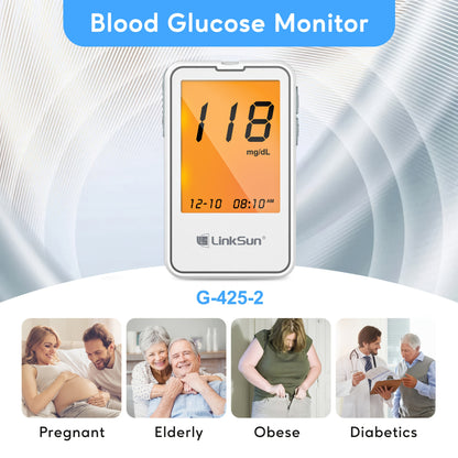 Linksun G-425-2 bloedglucosemeterkit, 100 bloedglucoseteststrips, 100 lancetten, 1 bloedglucosemeter, prikpen, geen codering nodig, groot display