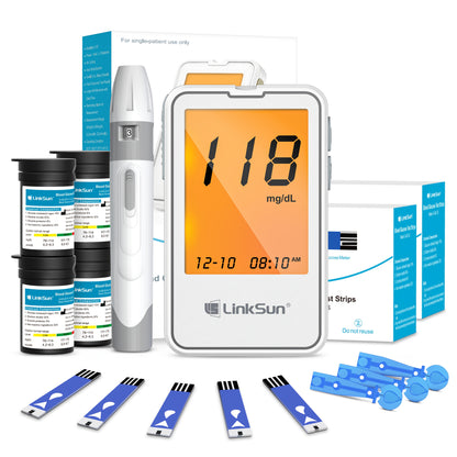 Linksun G-425-2 bloedglucosemeterkit, 100 bloedglucoseteststrips, 100 lancetten, 1 bloedglucosemeter, prikpen, geen codering nodig, groot display
