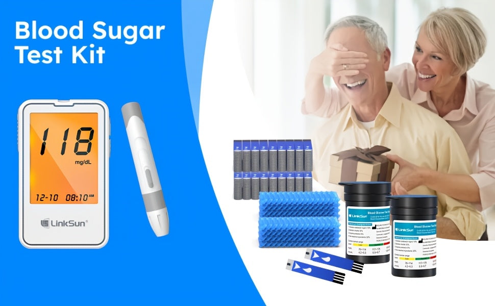 Linksun G-425-2 bloedglucosemeterkit, 100 bloedglucoseteststrips, 100 lancetten, 1 bloedglucosemeter, prikpen, geen codering nodig, groot display